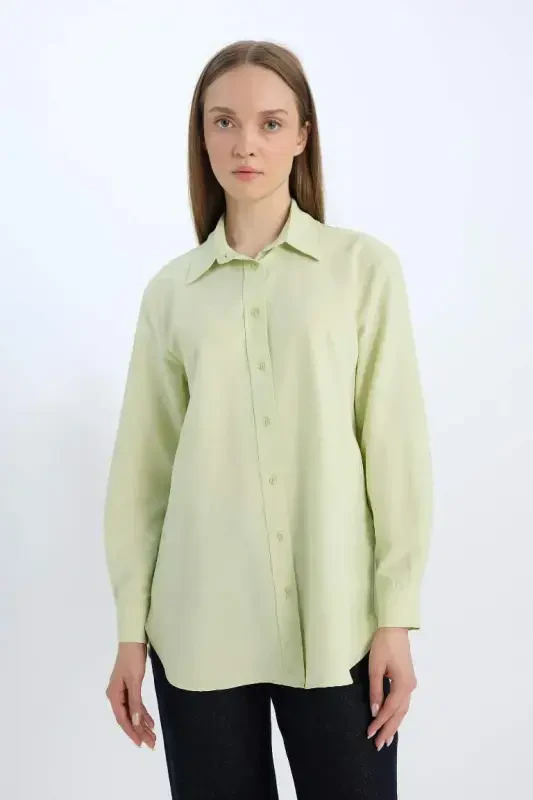 Relax Fit Basic Düz Poplin Uzun Kollu Gömlek Tunik-Açık Yeşil - 1