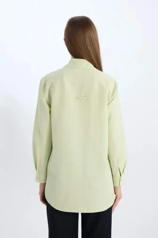 Relax Fit Basic Düz Poplin Uzun Kollu Gömlek Tunik-Açık Yeşil - 6