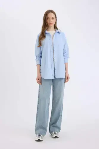 Relax Fit Basic Plain Oxford Long Sleeve Tunic-Blue - DEFACTO (1)