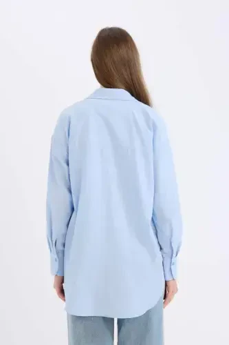 Relax Fit Basic Plain Oxford Long Sleeve Tunic-Blue - 5