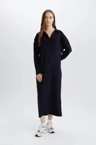 Relax Fit Basic Plain Polo Collar Maxi Dress-Navy Blue - DEFACTO (1)