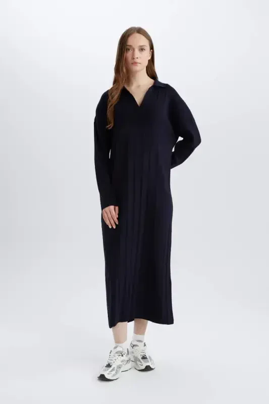 Relax Fit Basic Plain Polo Collar Maxi Dress-Navy Blue - 2