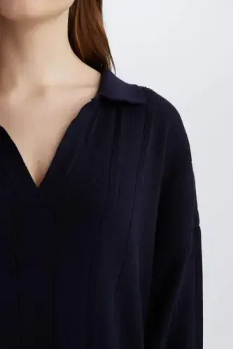 Relax Fit Basic Plain Polo Collar Maxi Dress-Navy Blue - 4