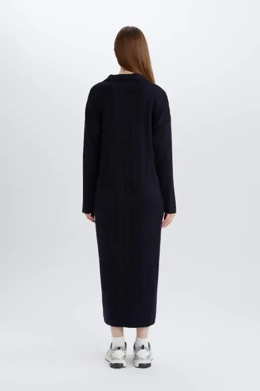 Relax Fit Basic Plain Polo Collar Maxi Dress-Navy Blue - 5