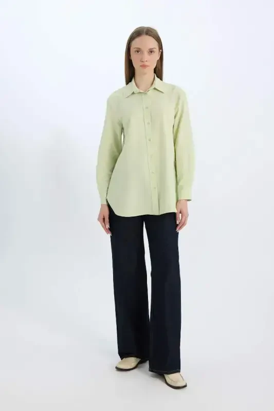 Relax Fit Basic Plain Poplin Long Sleeve Shirt Tunic-Light Green - 2
