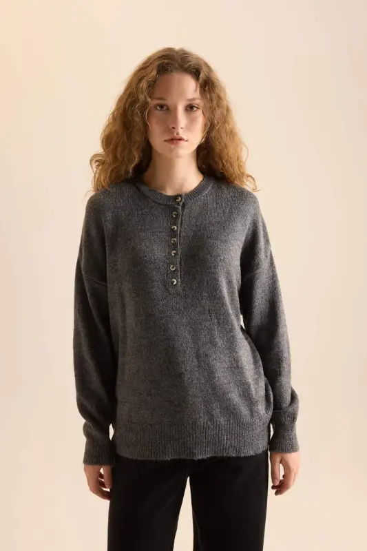 Relax Fit Buttoned Collar Knitted Sweater D4913axns-Anthracite - 3