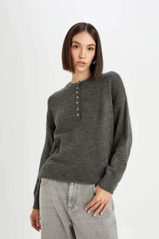 Relax Fit Buttoned Collar Knitted Sweater D4913axns-Anthracite - 6