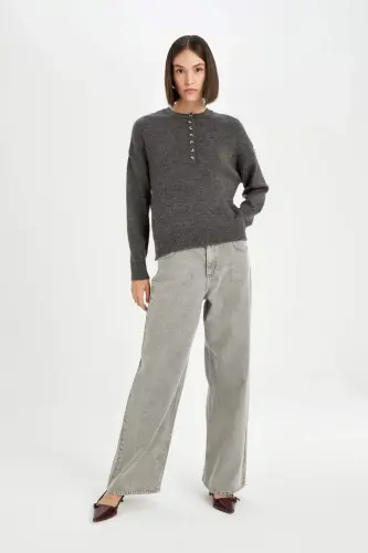 Relax Fit Buttoned Collar Knitted Sweater D4913axns-Anthracite - 7