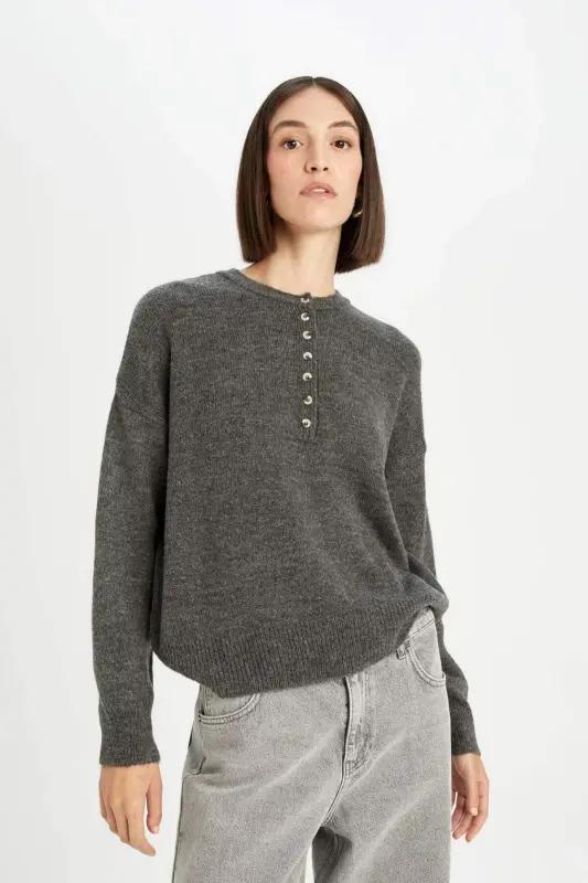 Relax Fit Buttoned Collar Knitted Sweater D4913axns-Anthracite - 8