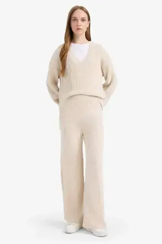 Relax Fit Geniş Bol Paça Pantolon-Ekru - 3