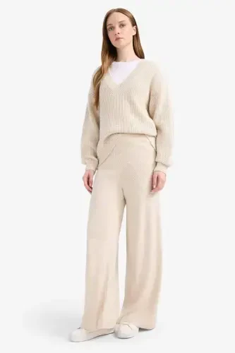 Relax Fit Geniş Bol Paça Pantolon-Ekru - 6