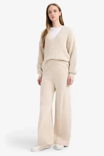 Relax Fit Triko Pantolon Basic Düz Beli Lastikli Geniş Paça-Ekru - 4