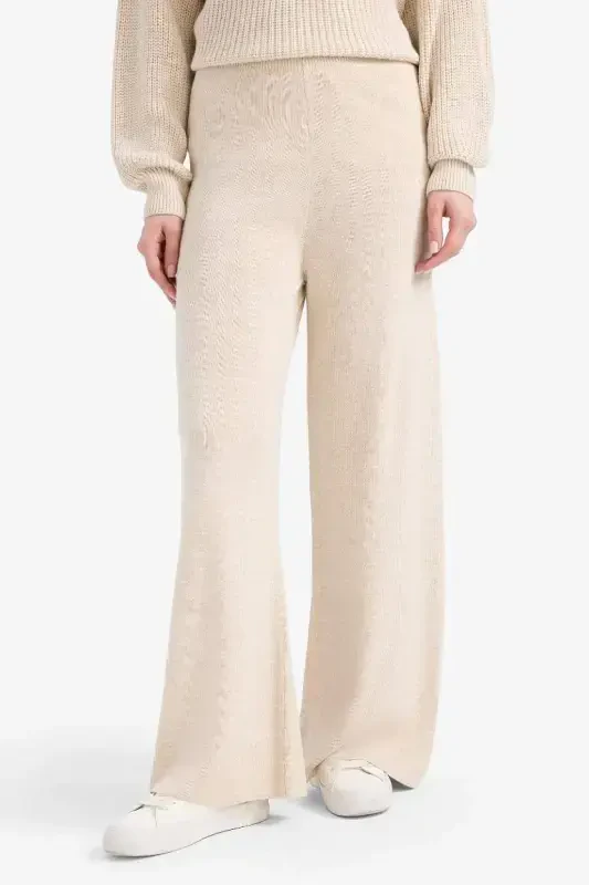 Relax Fit Triko Pantolon Basic Düz Beli Lastikli Geniş Paça-Ekru - 7