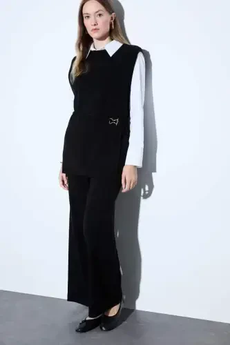 Relax Fit Triko Pantolon Basic Düz Beli Lastikli Geniş Paça-Siyah 