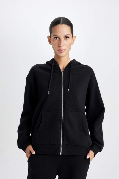 Relax Fit Hooded Zip-Up Sweatshirt Black - 4