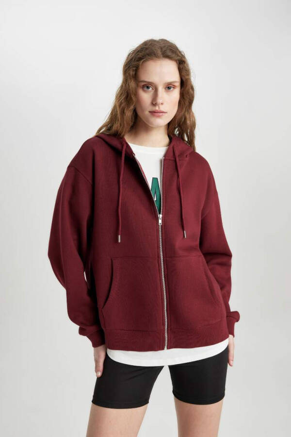 Relax Fit Hooded Zip-Up Sweatshirt Burgundy - 6