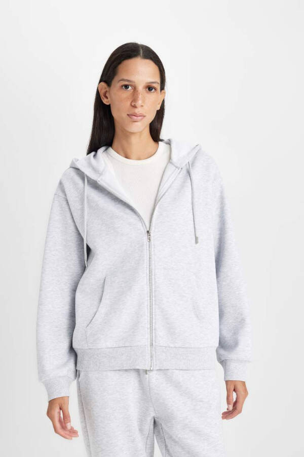 Relax Fit Hooded Zip-Up Sweatshirt Grey Melange - 1