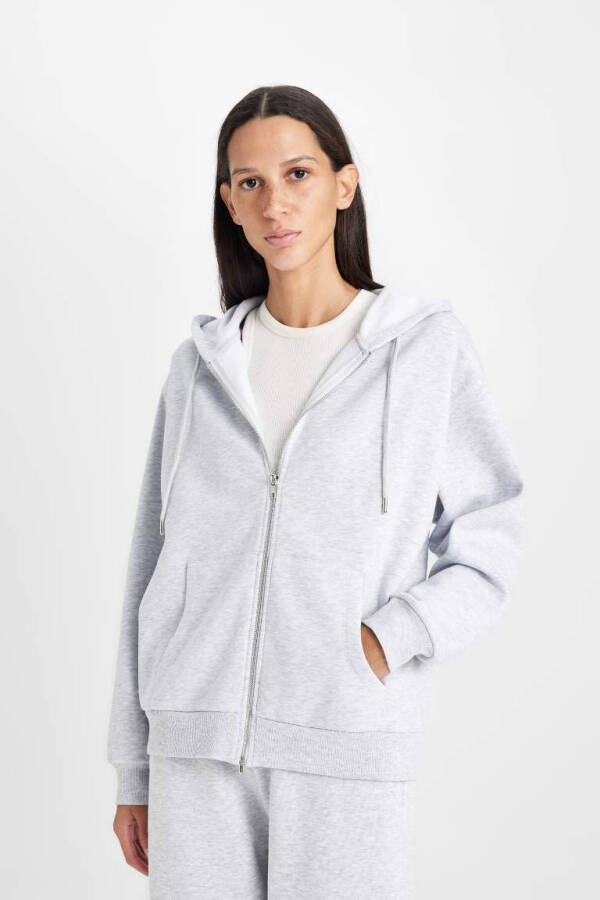 Relax Fit Hooded Zip-Up Sweatshirt Grey Melange - 3