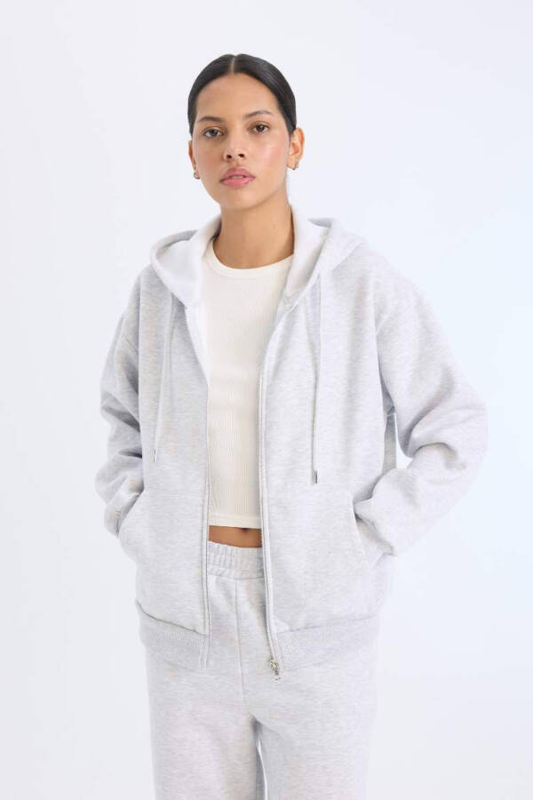 Relax Fit Hooded Zip-Up Sweatshirt Grey Melange - 3