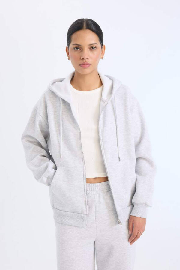 Relax Fit Hooded Zip-Up Sweatshirt Grey Melange - 4