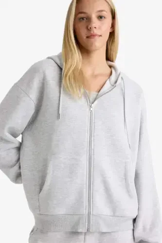 Relax Fit Hooded Zip-Up Sweatshirt Grey Melange - 1