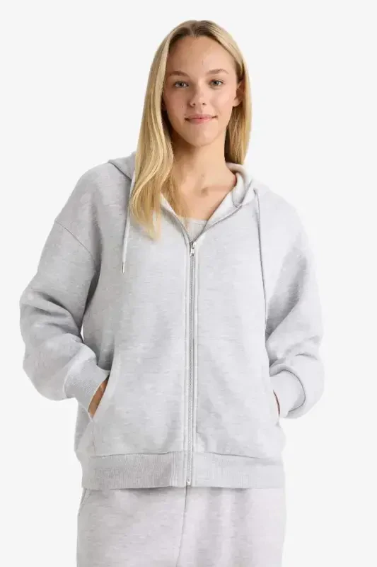 Relax Fit Hooded Zip-Up Sweatshirt Grey Melange - 3