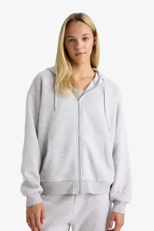 Relax Fit Hooded Zip-Up Sweatshirt Grey Melange - 4