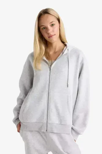 Relax Fit Hooded Zip-Up Sweatshirt Grey Melange - 5