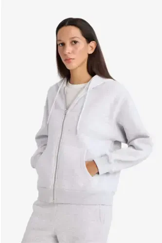 Relax Fit Hooded Zip-Up Sweatshirt Grey Melange - 3