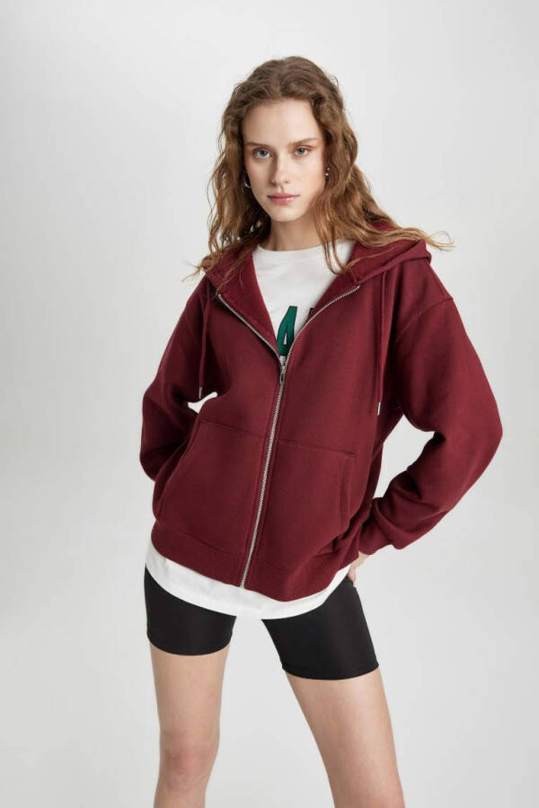 Relax Fit Kapüşonlu Fermuarlı Sweatshirt Bordo - 4