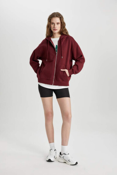 Relax Fit Kapüşonlu Fermuarlı Sweatshirt Bordo - 5