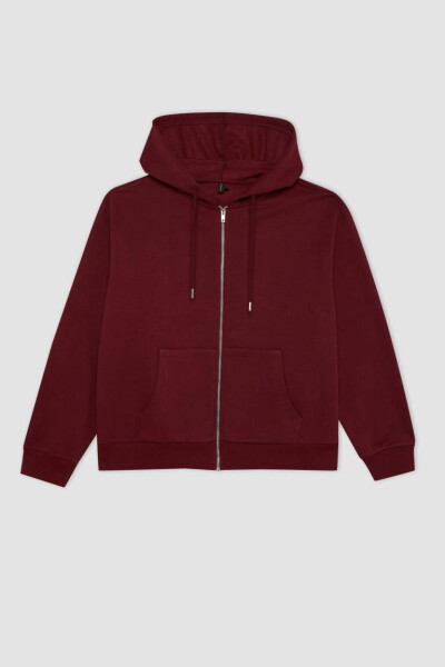 Relax Fit Kapüşonlu Fermuarlı Sweatshirt Bordo - 1