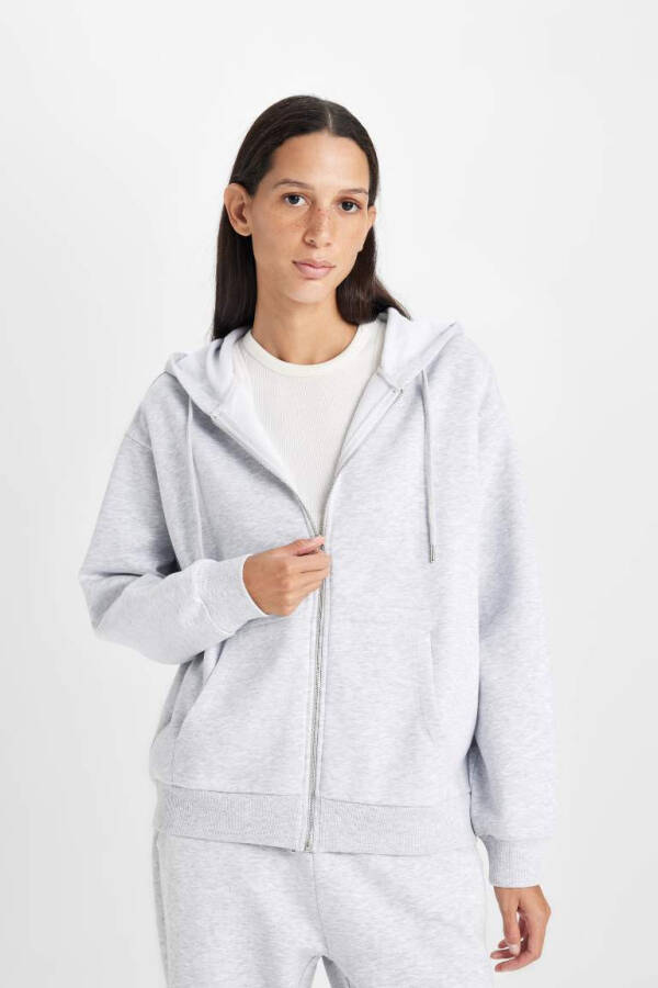 Relax Fit Kapüşonlu Fermuarlı Sweatshirt Gri Melanj - 4