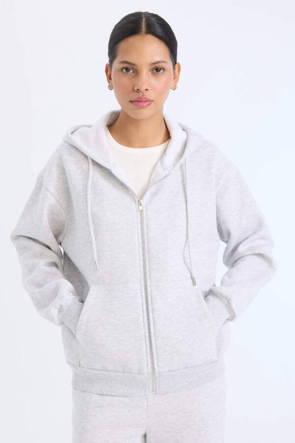 Relax Fit Kapüşonlu Fermuarlı Sweatshirt Gri Melanj - 1