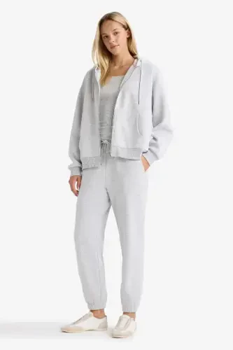 Relax Fit Kapüşonlu Cepli Basic Düz Fermuarlı Sweatshirt-Gri Melanj - DEFACTO (1)