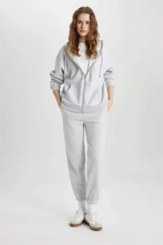 Relax Fit Kapüşonlu Fermuarlı Sweatshirt Gri Melanj - DEFACTO (1)