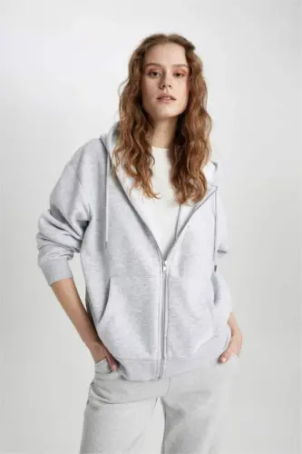 Relax Fit Kapüşonlu Fermuarlı Sweatshirt Gri Melanj - 3