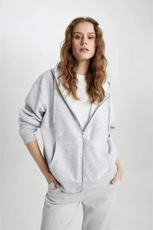 Relax Fit Kapüşonlu Fermuarlı Sweatshirt Gri Melanj - 3