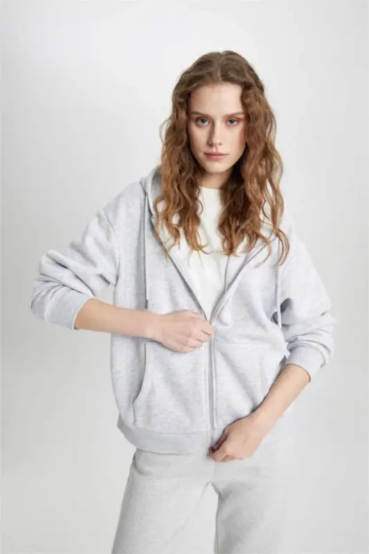 Relax Fit Kapüşonlu Fermuarlı Sweatshirt Gri Melanj - 4