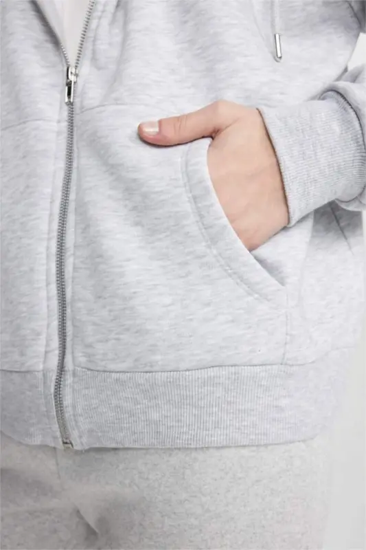 Relax Fit Kapüşonlu Fermuarlı Sweatshirt Gri Melanj - 5
