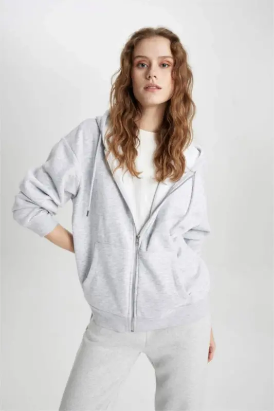 Relax Fit Kapüşonlu Fermuarlı Sweatshirt Gri Melanj - DEFACTO