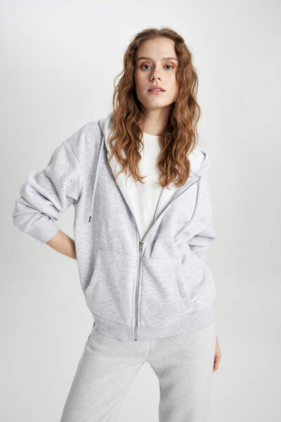 Relax Fit Kapüşonlu Fermuarlı Sweatshirt Gri Melanj - 8