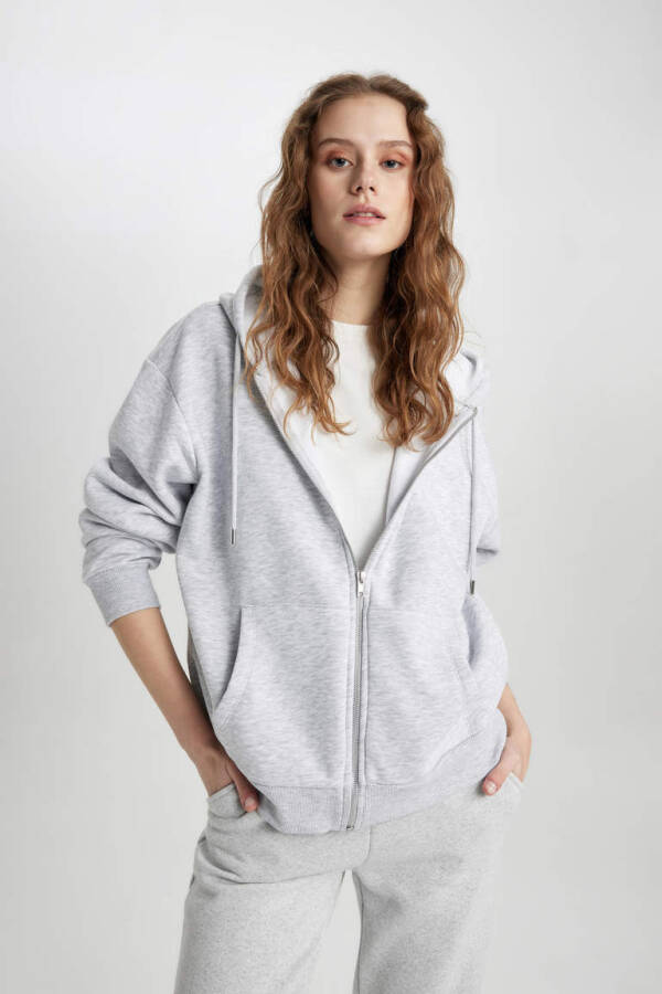 Relax Fit Kapüşonlu Fermuarlı Sweatshirt Gri Melanj - 10