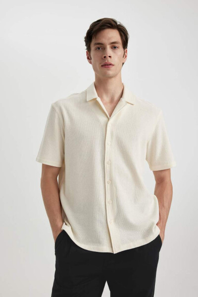 Relax Fit Open Collar Cotton Short Sleeve Shirt Sand - 1