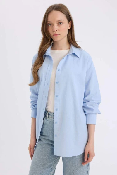 Relax Fit Oxford Long Sleeve Shirt Tunic Blue - DEFACTO