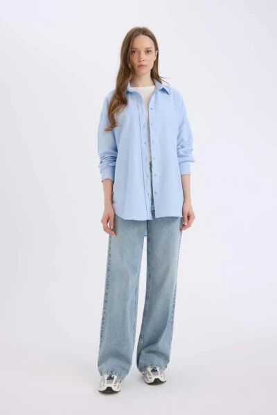 Relax Fit Oxford Long Sleeve Shirt Tunic Blue - DEFACTO (1)