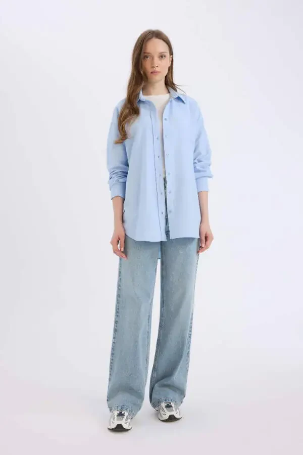 Relax Fit Oxford Long Sleeve Shirt Tunic Blue - 2