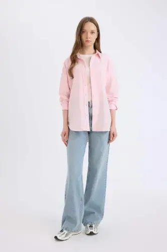 Relax Fit Oxford Long Sleeve Shirt Tunic-Light Pink - 2