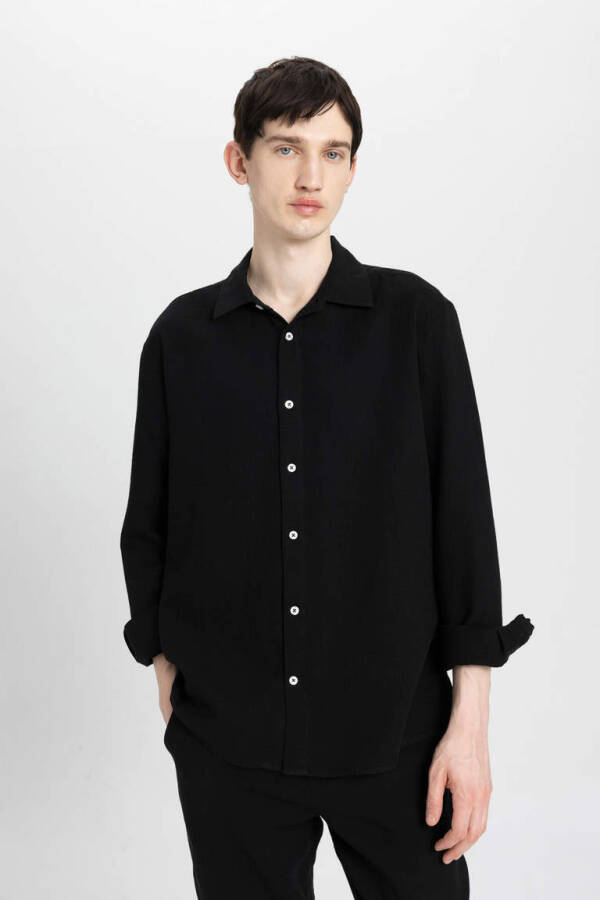 Relax Fit Polo Collar Cotton Long Sleeve Shirt Black - 1