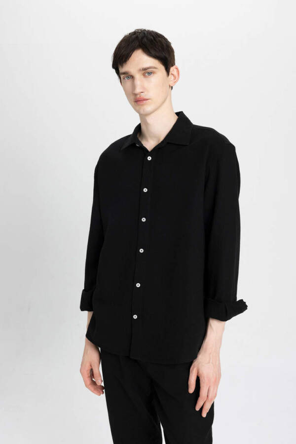 Relax Fit Polo Collar Cotton Long Sleeve Shirt Black - 3